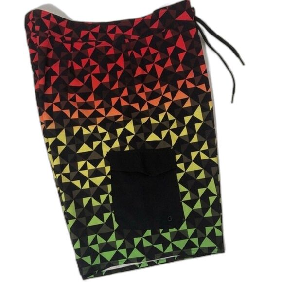Y2K Hang Ten Board Shorts Size 38 Vintage Rasta Geometric Pattern Surf S… - Picture 3 of 8